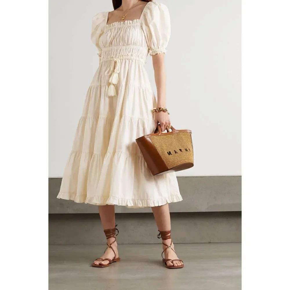 ULLA JOHNSON Iliana Belted Tiered Cotton Midi Dress US2